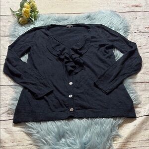 LILLA P Cashmere Blend Navy Ruffle Front V Neck Button Up Cardigan Sweater sz M